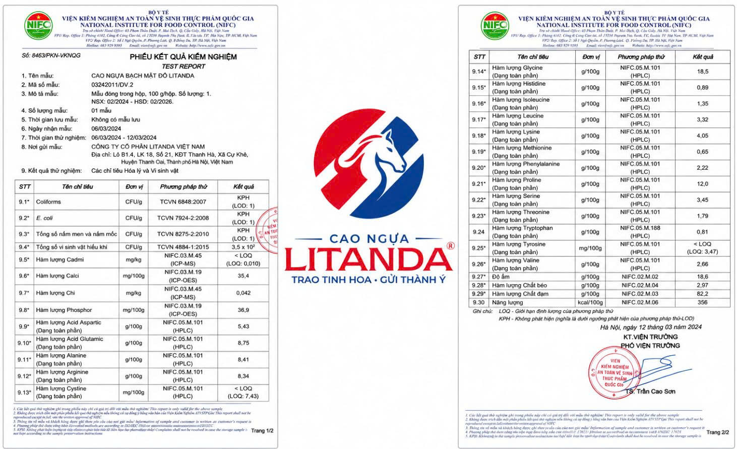 Phiếu kết quả kiểm nghiệm dinh dưỡng cao ngựa