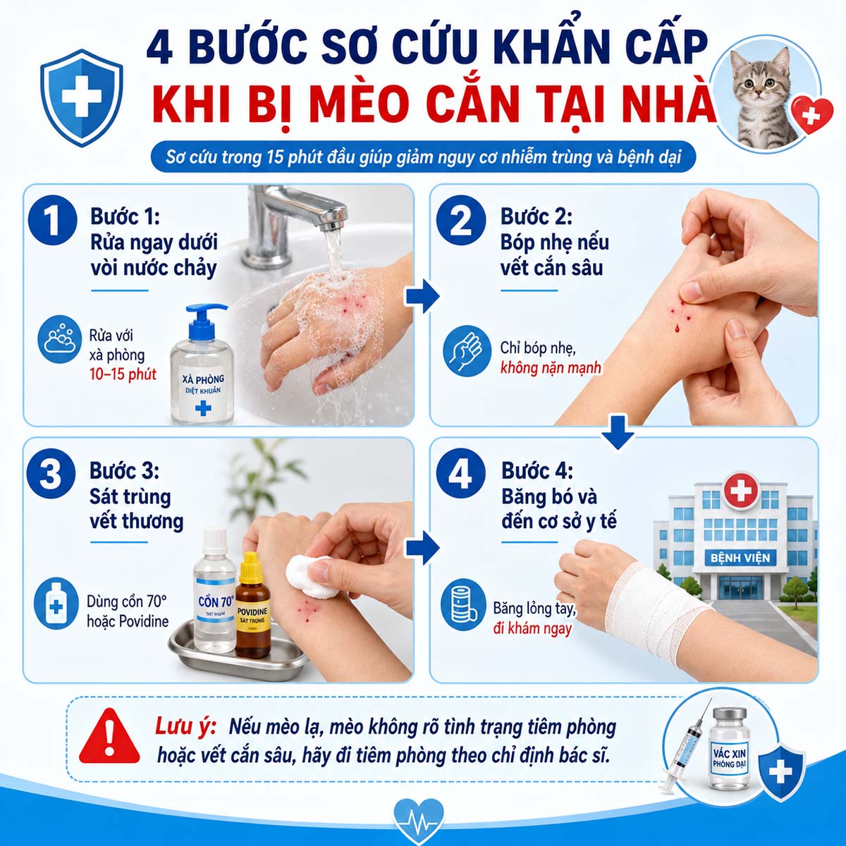 Các bước sơ cứu khi bị mèo cắn tại nhà