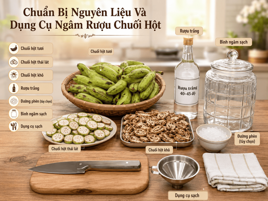 Các Nguyên Liệu Và Dụng Cụ Để Ngâm Rượu Chuối Hột